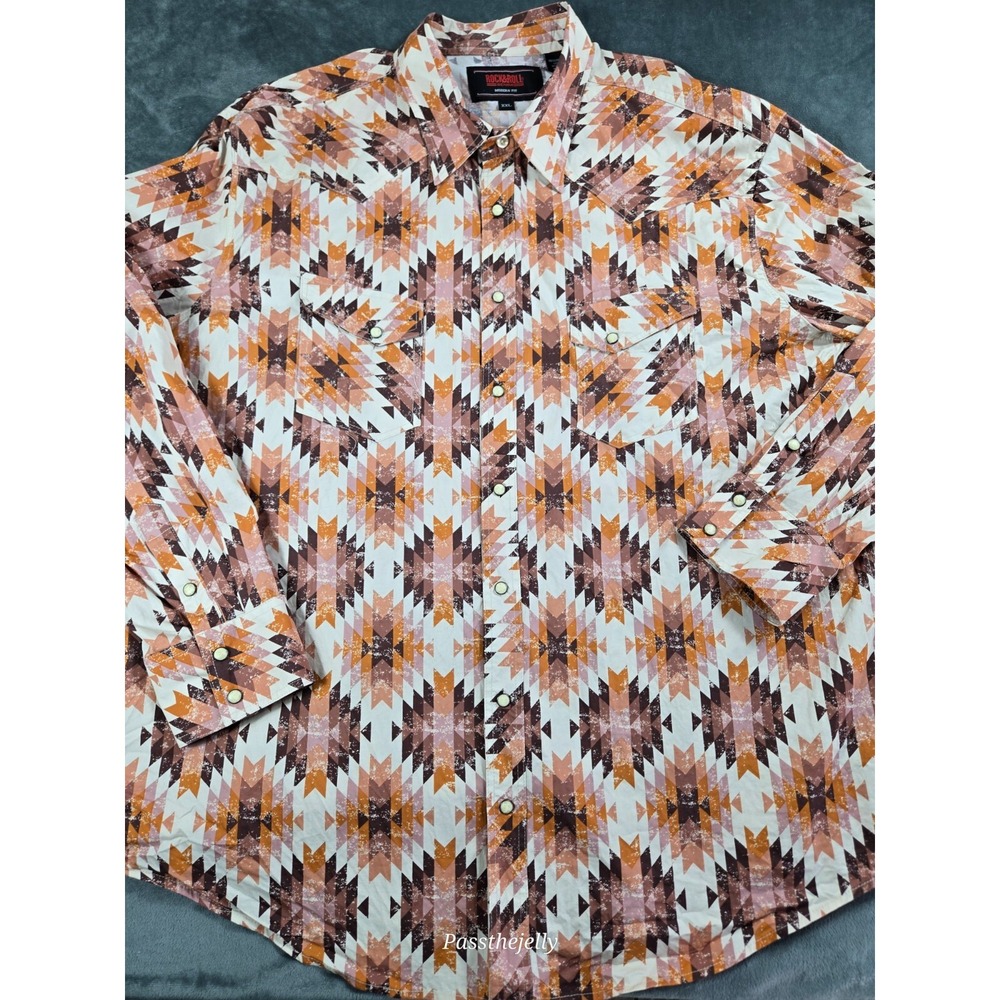 Rock Roll Cowboy Western Shirt Mens 2XL Colorful Pearl Snap Aztec Tribal